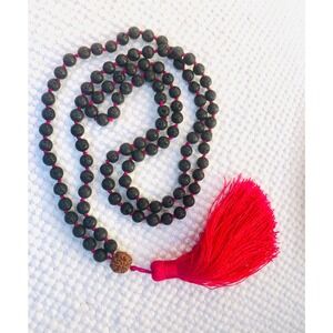 Knotted Meditation Mala Necklace 108 Black Lava Beads Pink Silk Tassel NWT